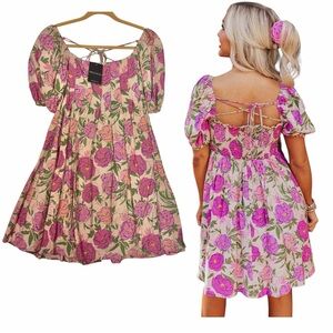 Impressions Floral Puff-Sleeve Sundress in Pink and Green